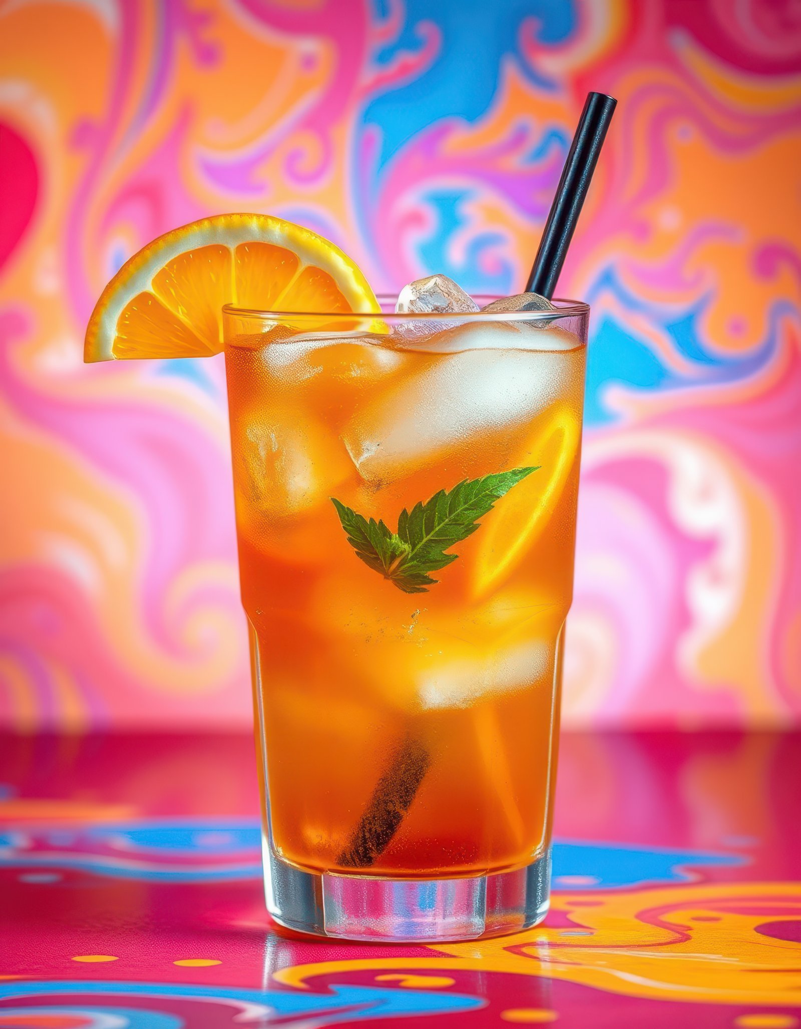 Brightly colored refreshing beverage served in a tall glass with ice and garnishes on a vibrant backdrop
